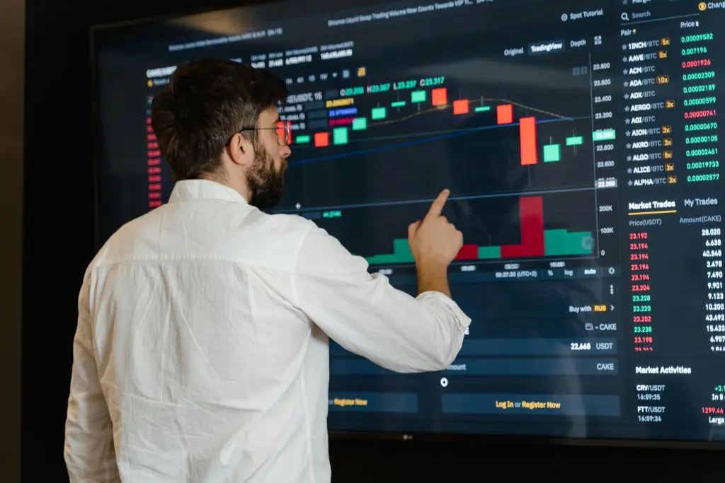 A financial analyst monitoring real-time stock market data on a large 30-inch touch screen monitor.