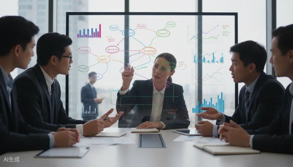 Figure 4: Leadership team engaged in collaborative strategic planning around an interactive display