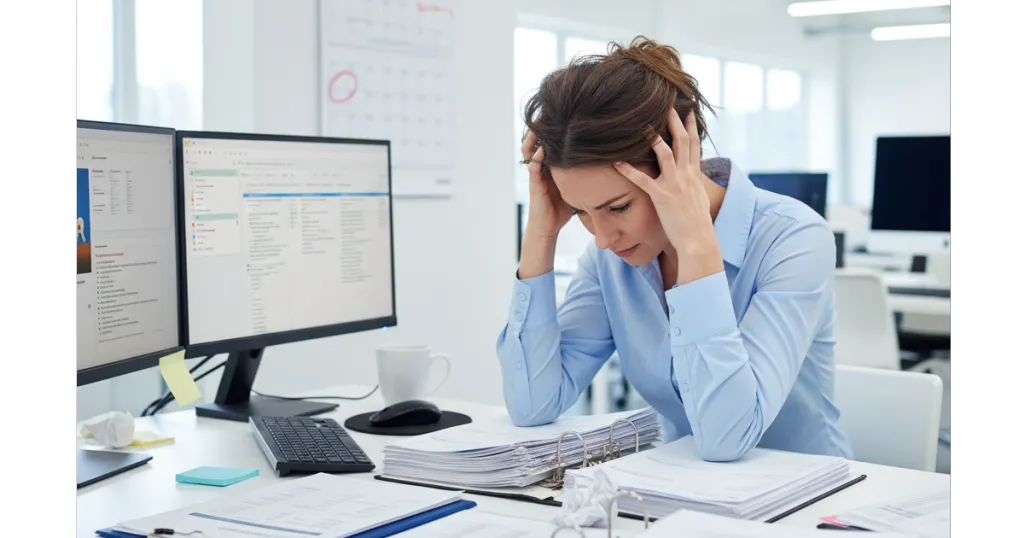 A stressed female HR manager sitting at a desk covered with resumes, holding her head in frustration due to urgent hiring pressure.
