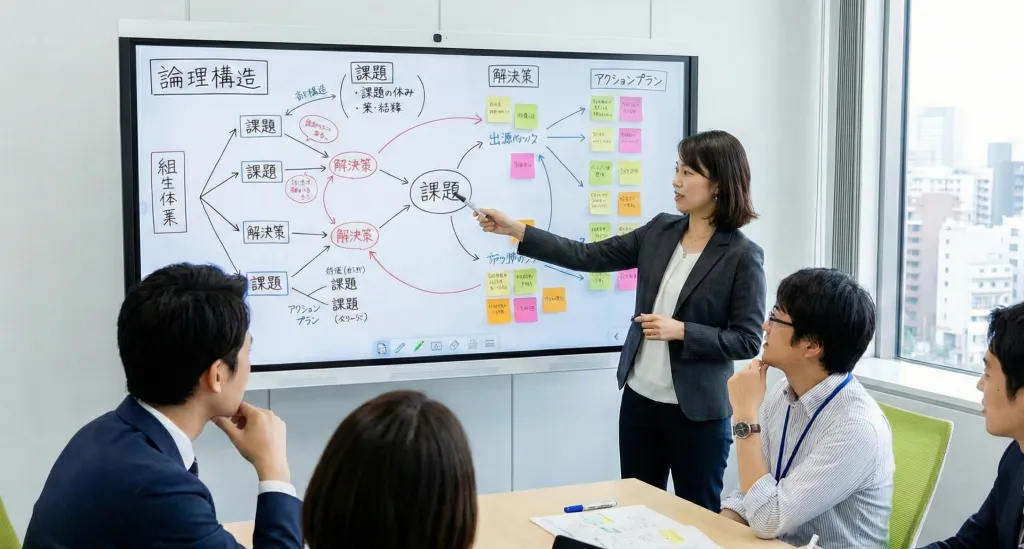 ファシリテーションスキルを運用して会議を進めている会社員