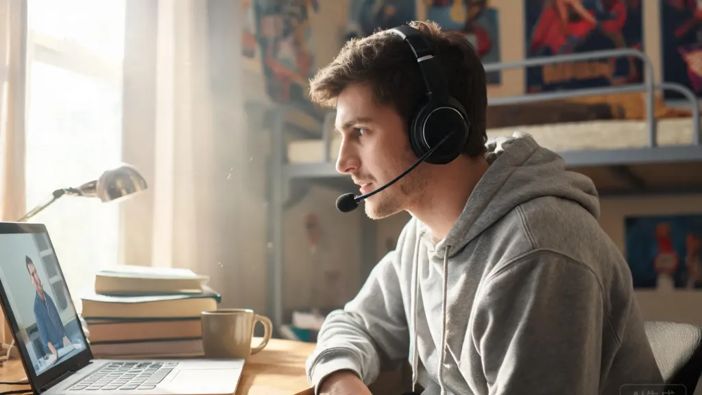 College student wearing a wireless headset at a dorm room desk, attending an online lecture on a laptop, natural daylight from a window, candid expression