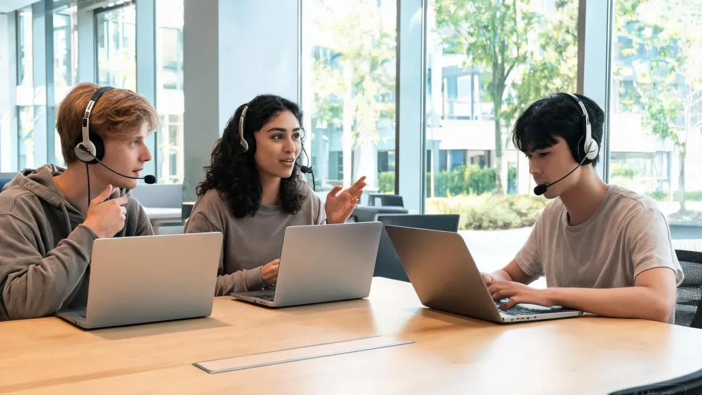 Three college students collaborating around a table in a modern campus common area, each wearing wireless headsets with boom microphones, laptops open, engaged in a group project discussion, natural daylight