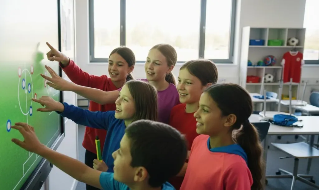 Young students collaborating around a large interactive digital whiteboard, with multiple hands touching the screen simultaneously to move player icons on a tactical soccer diagram
