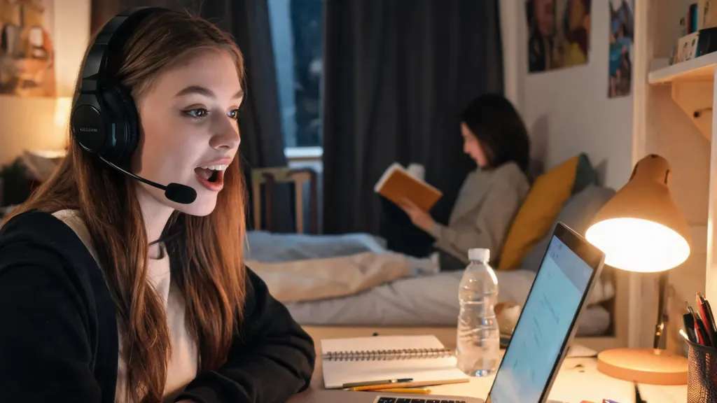 Student in a shared dorm room on a video call, wearing a headset with boom mic, roommate visible in background, realistic candid moment, warm indoor lighting