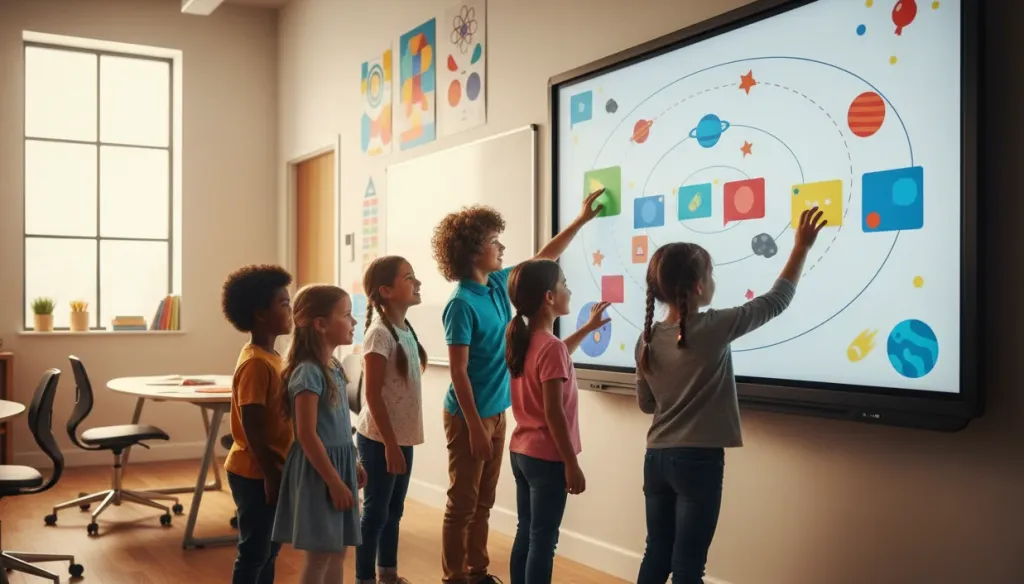 Group of diverse elementary students collaborating together at a large interactive smart board, touching and dragging colorful digital elements on the screen