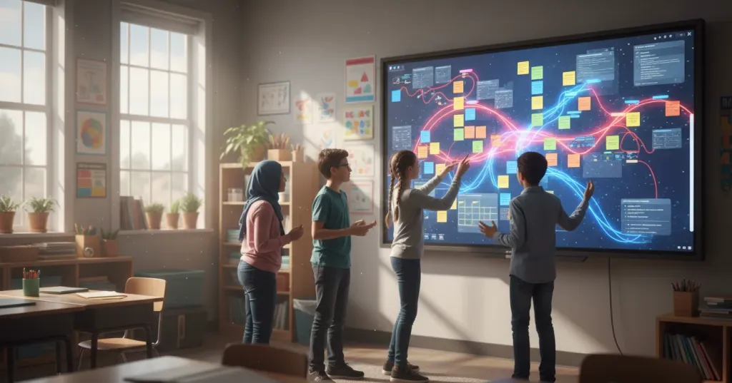 Diverse group of middle school students collaborating around a large interactive display with colorful digital sticky notes and AI-organized brainstorming content