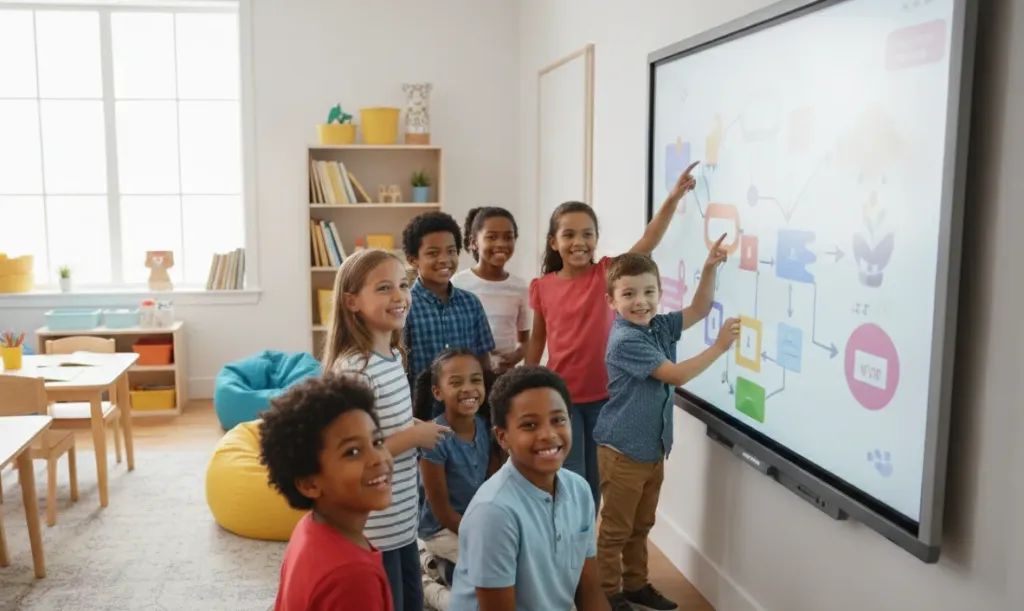 Students collaborating together on a large interactive whiteboard in an elementary classroom