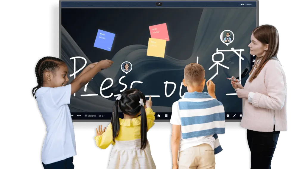 Students and a teacher collaborate on a Nearhub interactive board for a classroom lesson