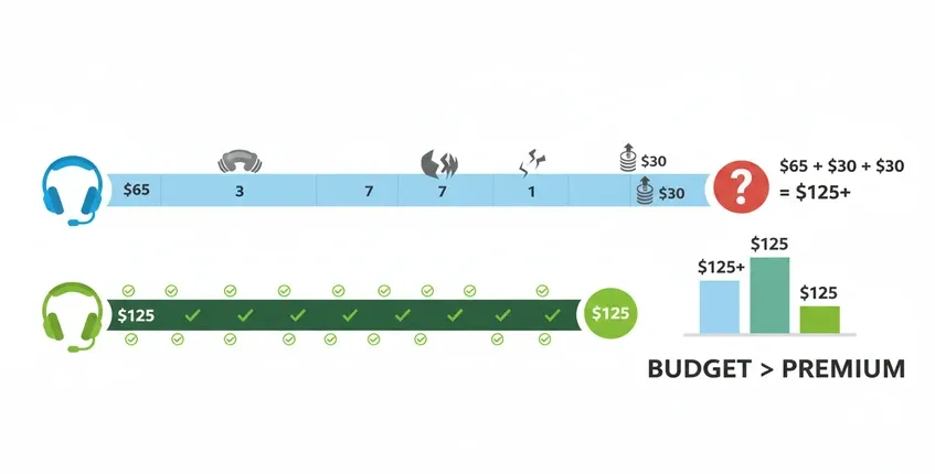 Infographic timeline comparing budget headset costs accumulating over 12 months versus premium headset total cost of ownership