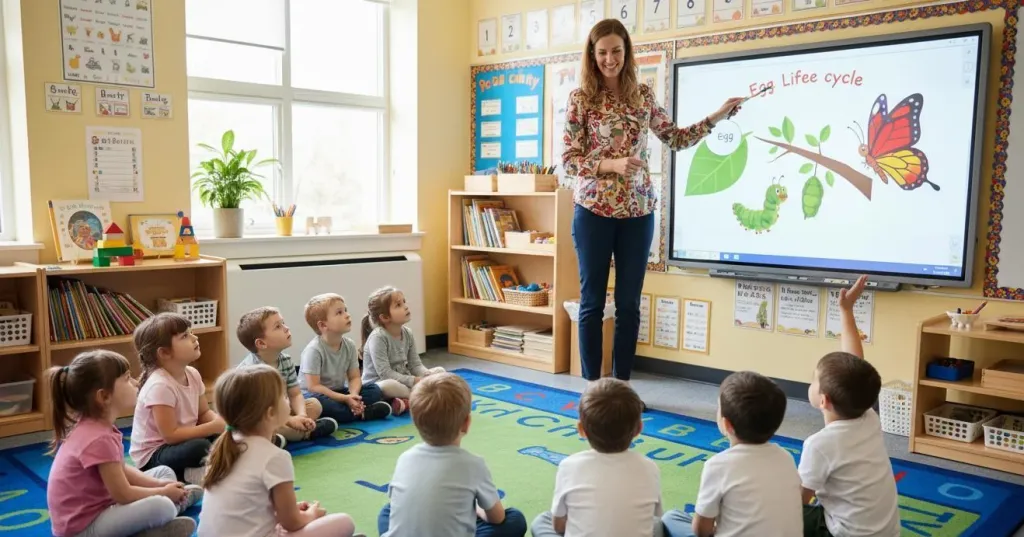 Kindergarten teacher demonstrating a butterfly life cycle lesson on an interactive whiteboard to seated children