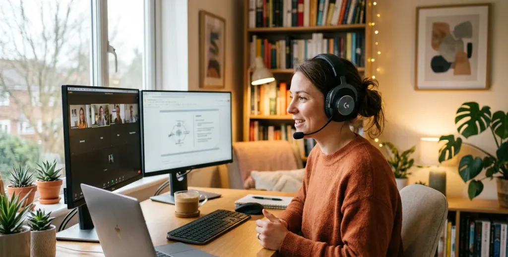 Teacher in a home office using an over-ear wireless headset with boom mic for an online lesson
