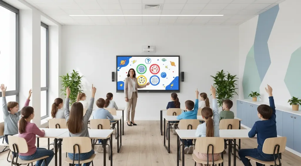 Teacher using a smart board to run an interactive quiz with students raising hands