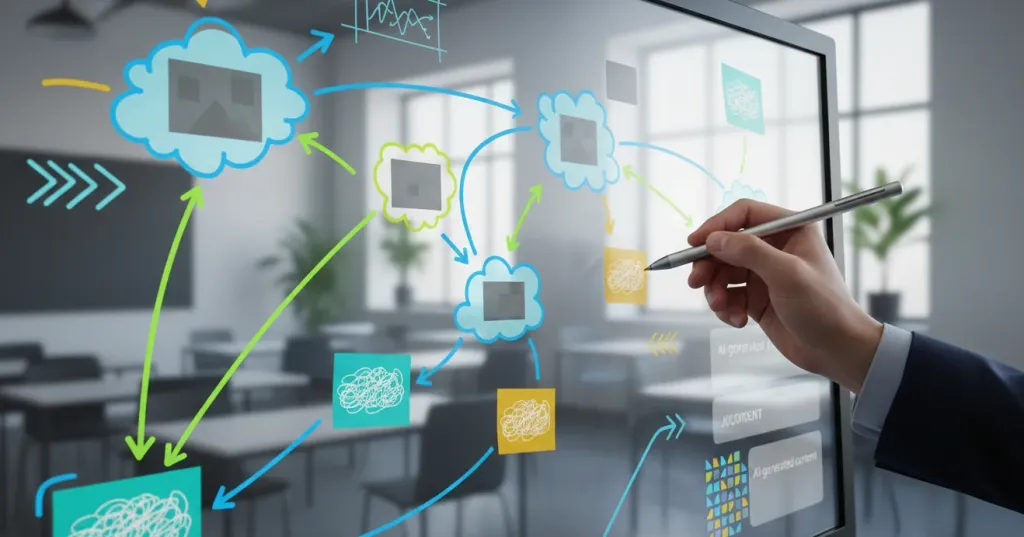 Close-up of a teacher's hand using a stylus to draw a mind map on an interactive whiteboard with colorful nodes and AI-generated elements
