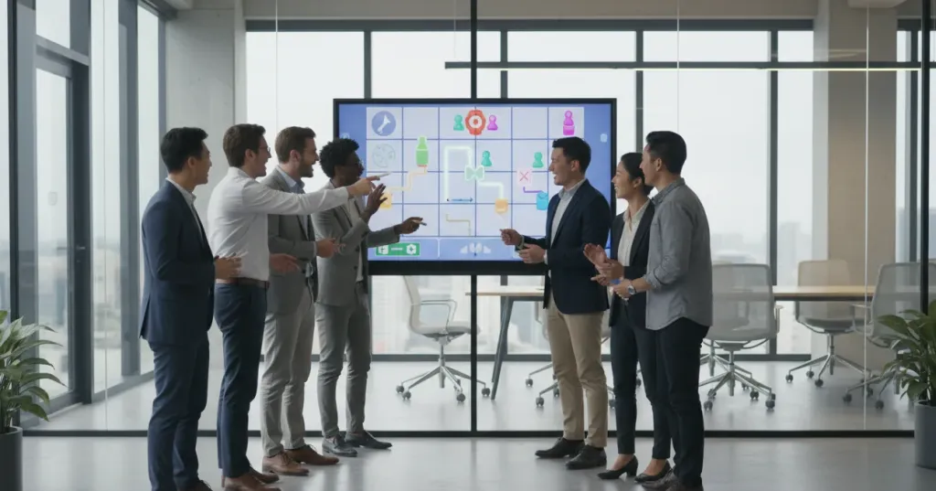 Diverse group of office colleagues collaborating and playing a strategy game together on a large interactive whiteboard display in a modern glass-walled meeting room with city views