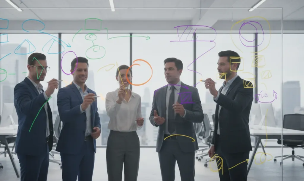 Multiple business professionals standing around a large interactive whiteboard, writing and drawing simultaneously with stylus pens, showing active collaboration