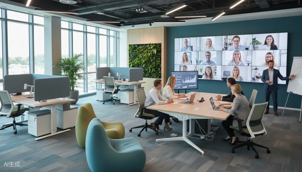 Figure 5: Executive team collaborating in modern hybrid office layout with video wall displaying remote participants