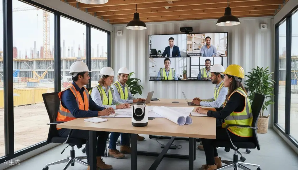 Bauteam führt eine Videokonferenz mit mehreren Remote-Teilnehmern im Baustellen-Container durch, 360-Grad-Kamera auf dem Tisch