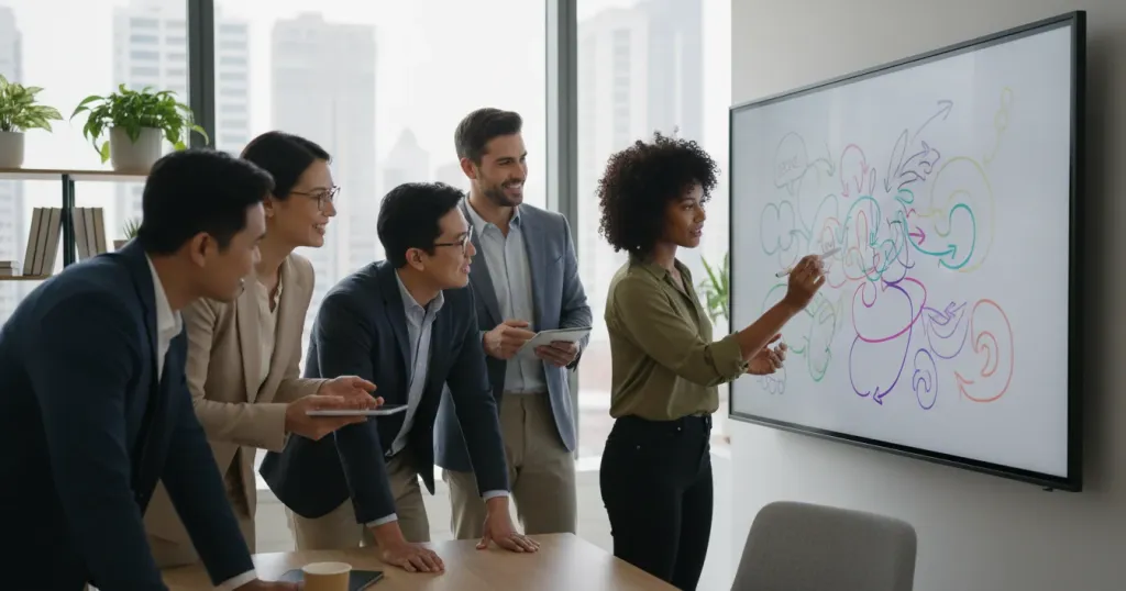 diverse team naturally collaborating around an interactive touchscreen, one person writing with a digital stylus while others engage actively