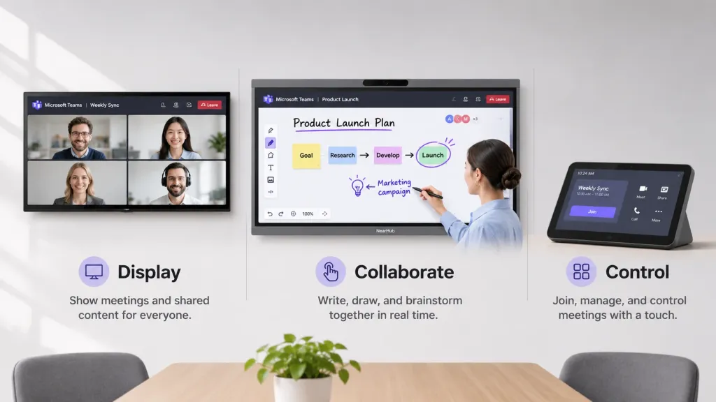 Microsoft Teams Rooms front-of-room display vs interactive touchscreen vs touch console
