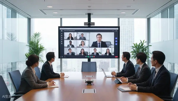Microsoft Teams Videokonferenz in einem modern ausgestatteten Besprechungsraum mit großem Display