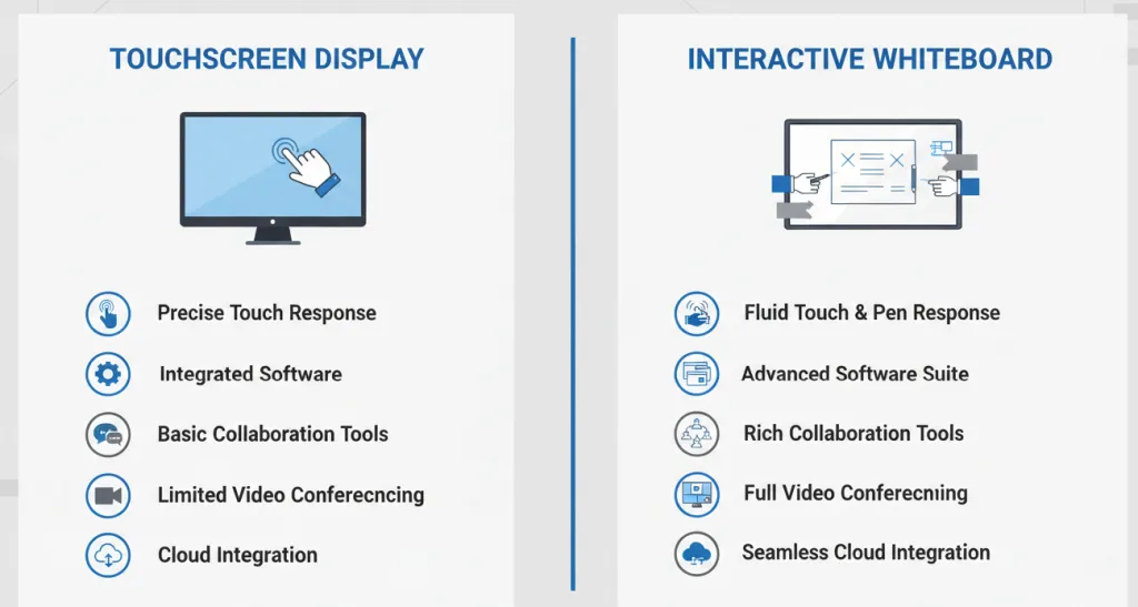 Visual comparison of touchscreen display features versus interactive whiteboard capabilities