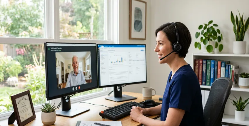 Healthcare professional wearing a wireless telehealth headset during a virtual patient consultation in a modern home office.