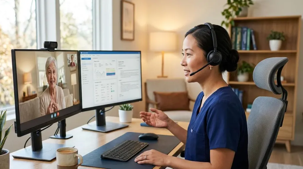 Doctor sitting at a modern desk conducting a virtual patient consultation with a dual-monitor setup and wireless headset
