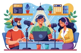three people sitting at a table in a studio