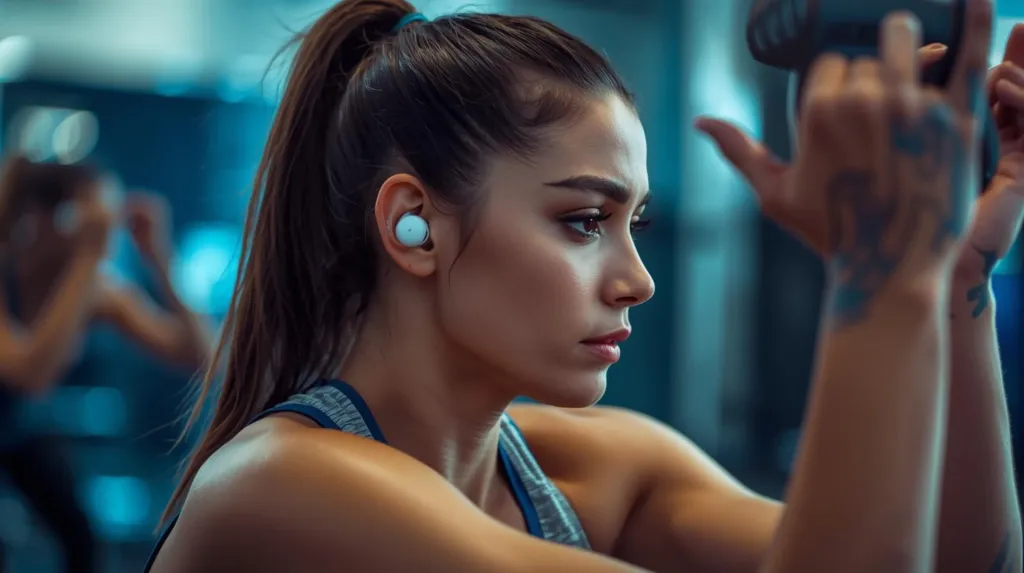 A women wearing earbuds when in the gym.
