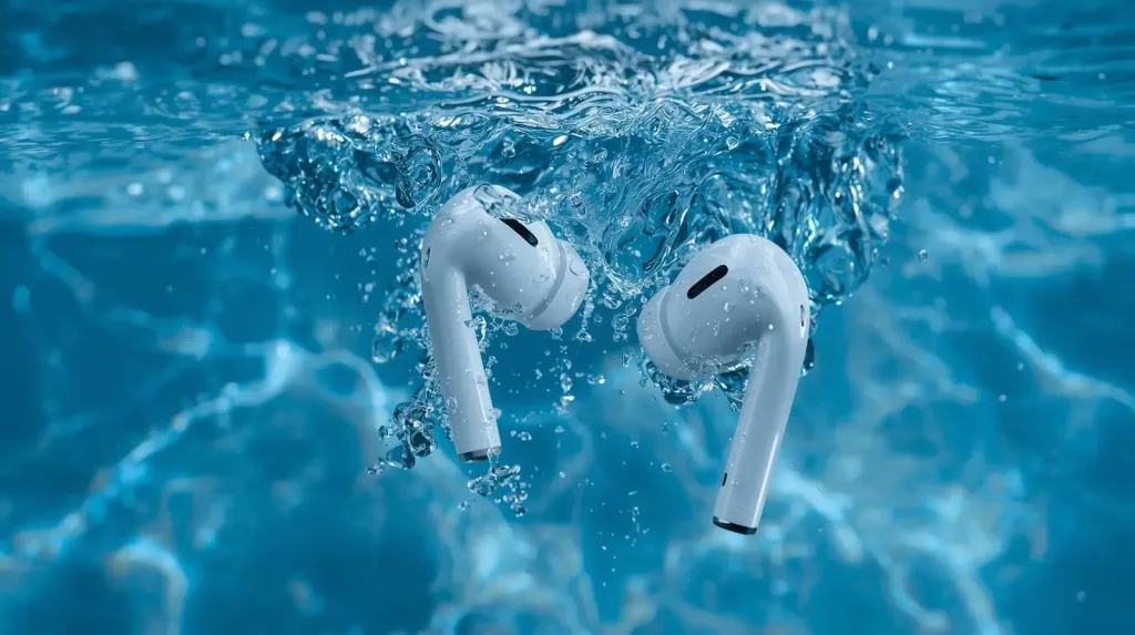 AirPods dropped into water, demonstrating the earbuds' waterproof capabilities.
