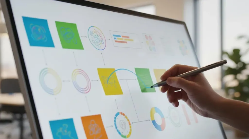 Nahaufnahme einer Hand mit Stift auf einem interaktiven Touchscreen-Display mit digitalen Notizen und Diagrammen