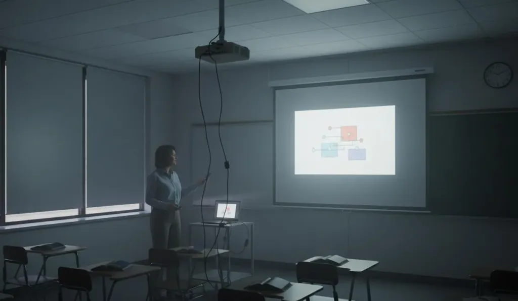 Traditional classroom projector setup in a dimly lit room with ceiling-mounted equipment and visible cabling