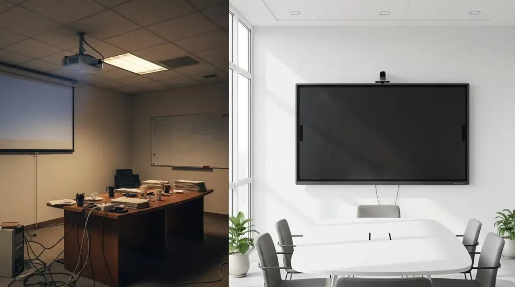 Side-by-side comparison of cluttered traditional conference room with projector and cables versus a clean modern room with a sleek all-in-one interactive display