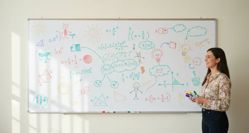 Teacher standing beside a large traditional whiteboard filled with colorful handwritten diagrams, equations, and educational sketches in a classroom