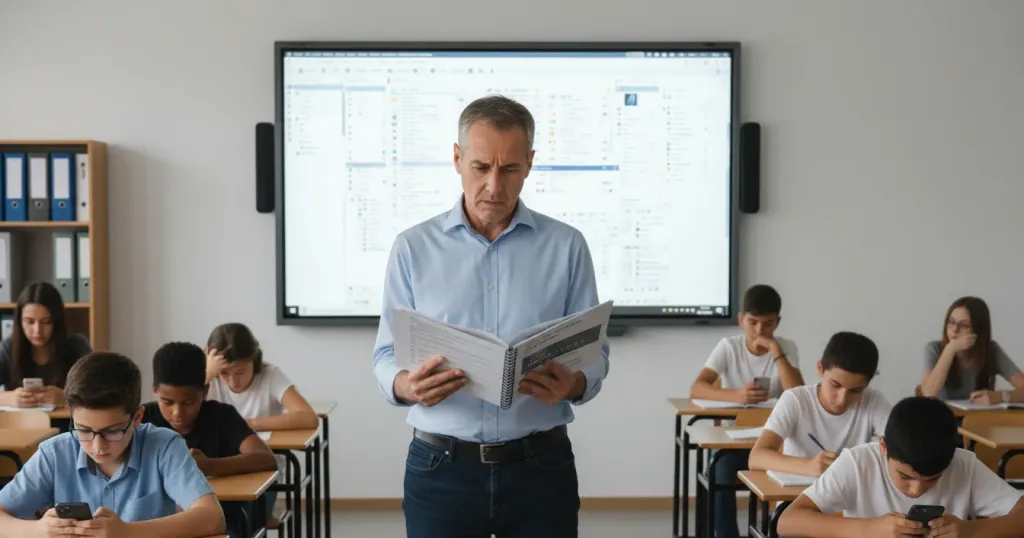 A teacher looking overwhelmed reading a thick manual while students sit disengaged in the background