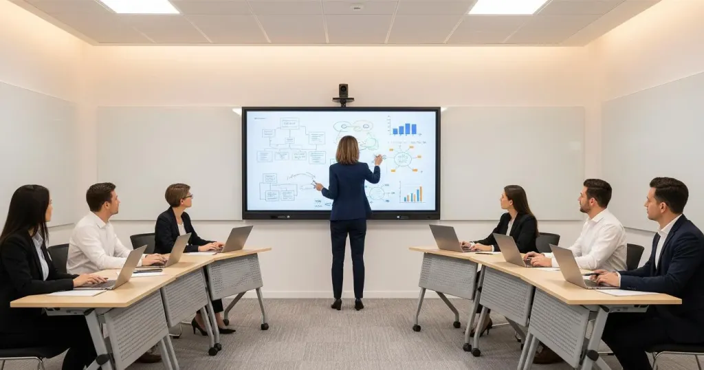 Moderner Schulungsraum mit interaktivem Display für Präsentationen und kollaboratives Arbeiten