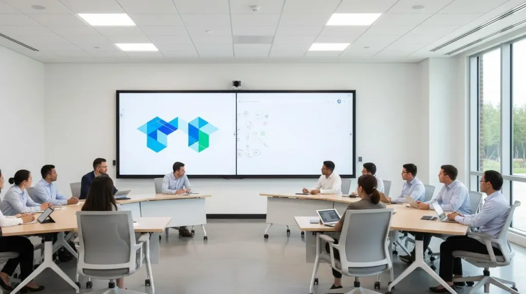Schulungsraum mit großem Smartboard-Display, auf dem Präsentation und Whiteboard gleichzeitig angezeigt werden, Teilnehmer nehmen aktiv teil