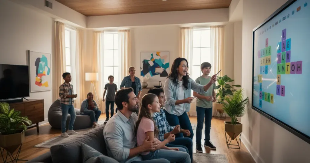 Mixed-age group of family and friends playing a colorful word trivia game on a large interactive whiteboard display mounted on a living room wall, energetic and engaged atmosphere