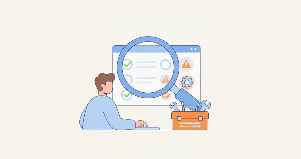 Illustration of a professional troubleshooting software integration issues with diagnostic tools