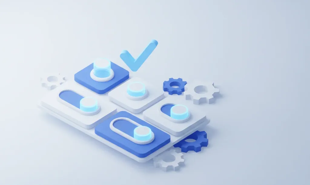 A conceptual 3D isometric illustration of toggle switches, gear icons, and a checkmark symbol on a soft blue and white settings dashboard, representing troubleshooting and configuration