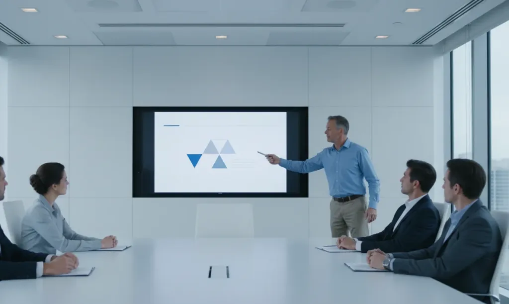 A meeting room with only a flat-screen TV showing a static presentation, emphasizing the limitations of traditional displays for interactive collaboration