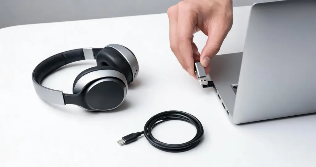 Close-up of hands plugging a USB dongle into a laptop with a wireless headset and USB-C cable nearby