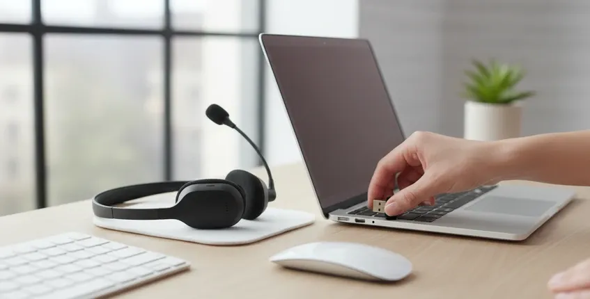 Hand inserting USB wireless dongle into laptop with business headset on clean modern desk showing effortless plug-and-play connection