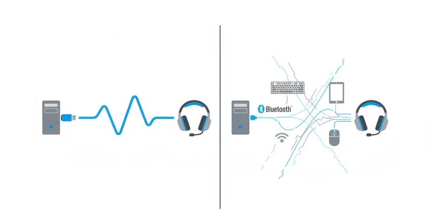 Technical comparison showing clean dedicated USB dongle signal path versus congested Bluetooth connection with competing devices