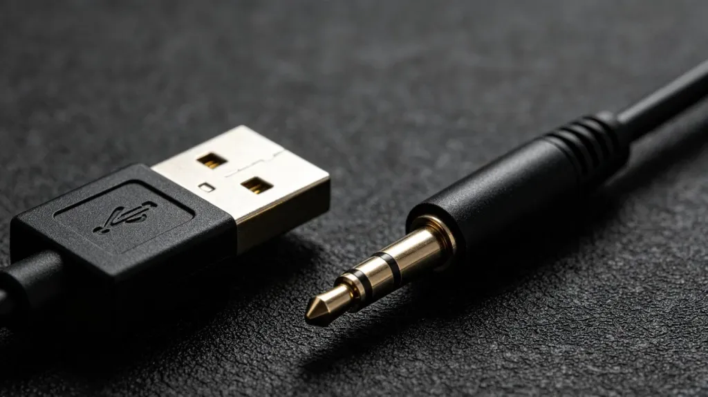 Close-up comparison of USB connector and 3.5mm audio jack