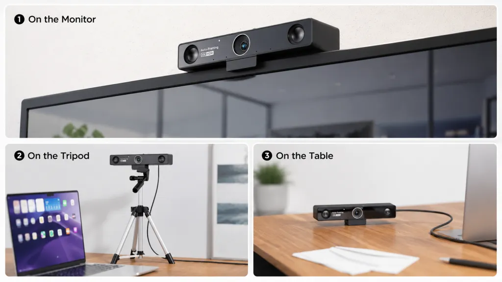 Nearity V30S webcam shown in three mounting setups: on a monitor, on a tripod, and on a table for flexible video meeting placement.