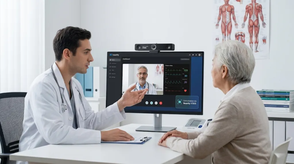 A doctor uses the V30S webcam for a remote medical consultation, speaking with a patient through a video call in a professional clinic or office setting.
