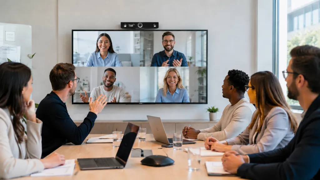 Nearity V30S webcam on the whiteboard moniter for a hybrid business meeting.
