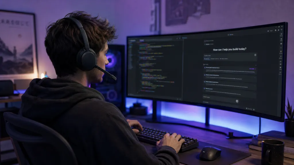 A man wearing EP320 headset when vibe coding.