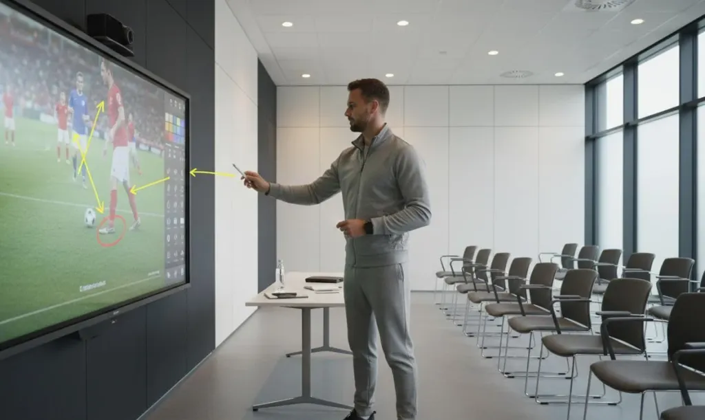 A sports coach pausing video footage on a large digital whiteboard and drawing yellow annotation arrows to highlight player positioning and technique details